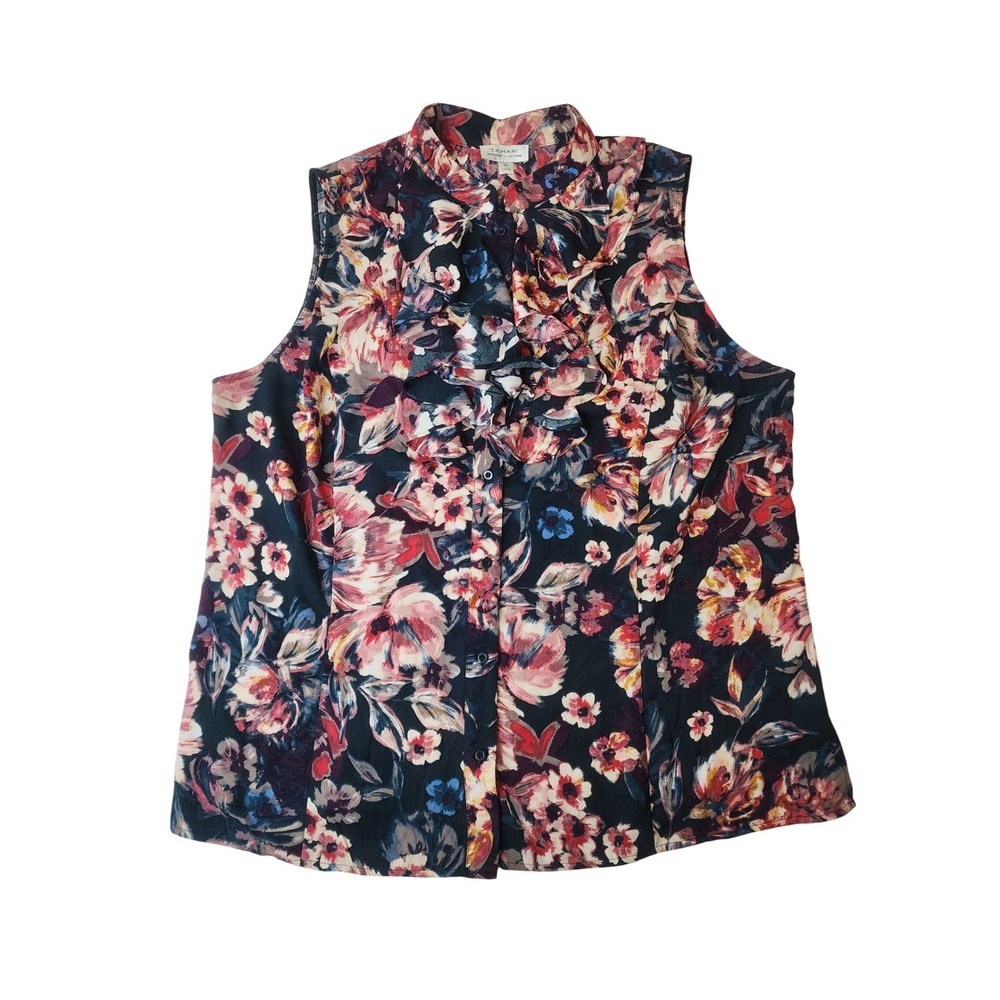 Tahari Sleeveless Blouse XL‎ Multi-color Floral Ruffle Neck Romantic Career Wear